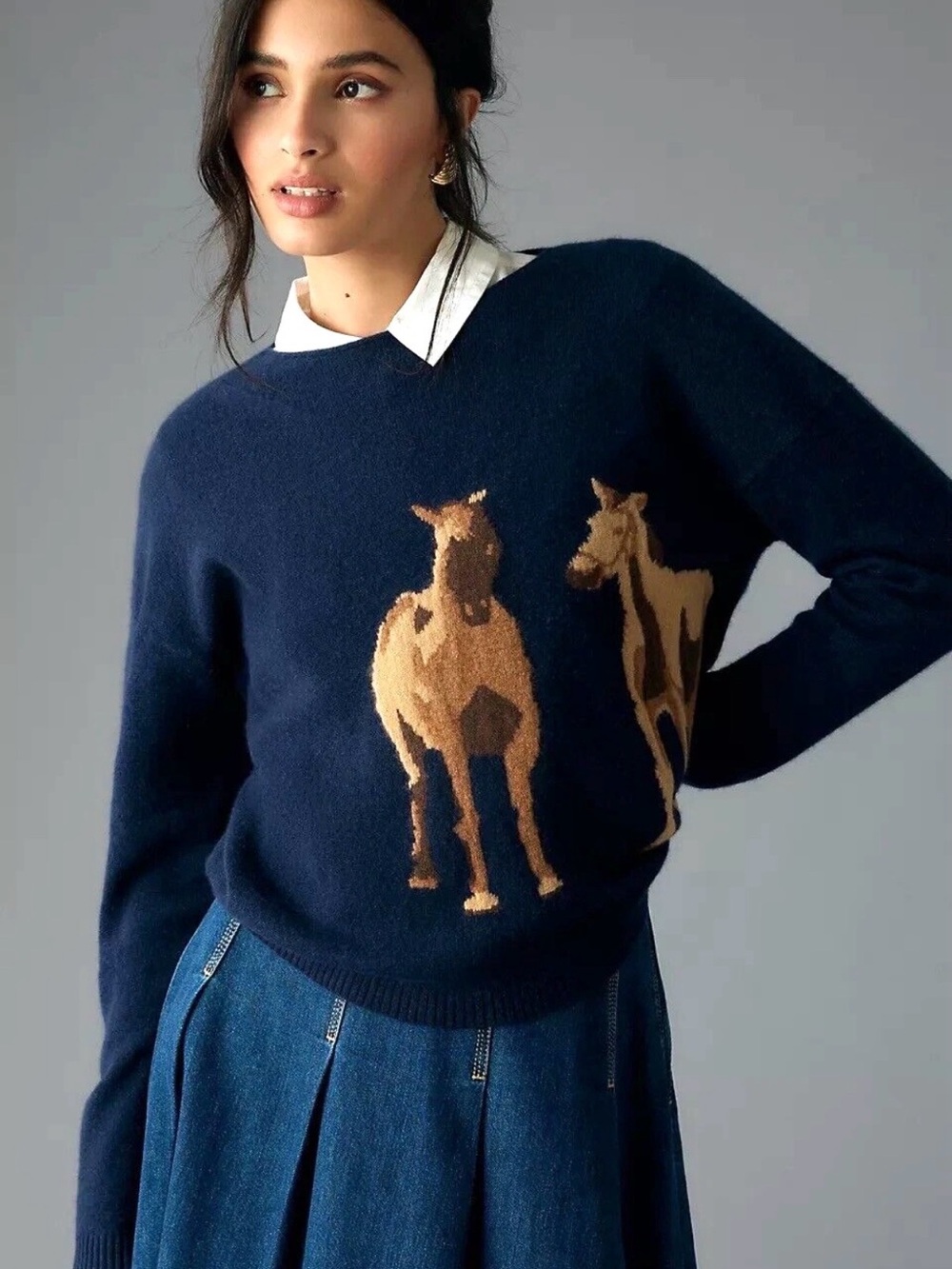 Anthropologie Cashmere
Intarsia Horse Sweater Maeve Western Navy Plus Sz XL NEW - Picture 2 of 12